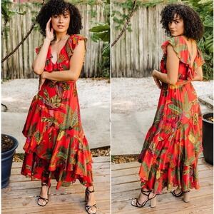 Farm Rio Red‎ Forest Birds Belted Midi-Dress NWT